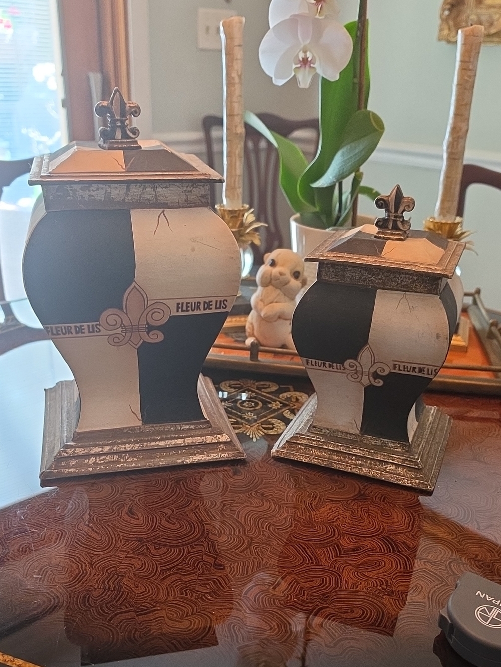 Decorative Fleur de Lis Black and White Accent Canisters
